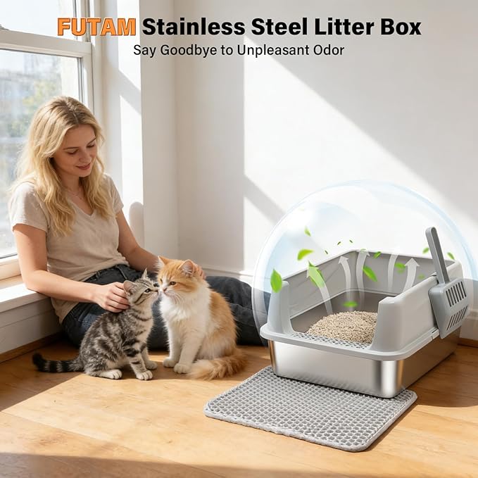 Stainless Steel Cat Litter Box with Lid, Metal Litter Box for Small Cats, Low Entry Kitten Litter Boxes with Scoop and Mat, Non-Sticky, Anti-Urine Leakage, Easy Cleaning, M