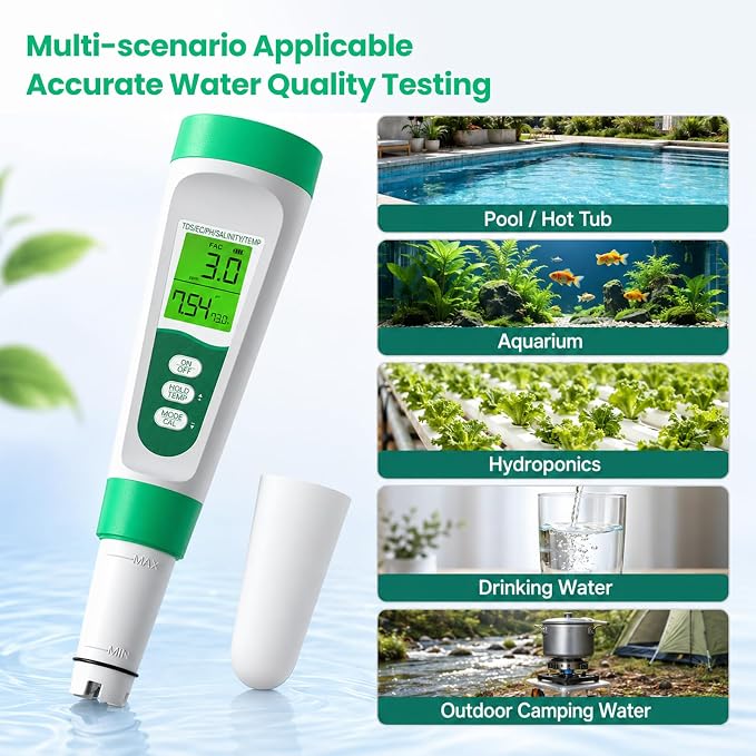Salt Tester for Saltwater Pool & PH Meter, High Accuracy Pool Salt Tester, 5 in 1 Salinity PH Temp EC TDS Meter for Pool Hot Tub Swimming Aquarium, Daily Maintenance & Water Quality Testing, Green