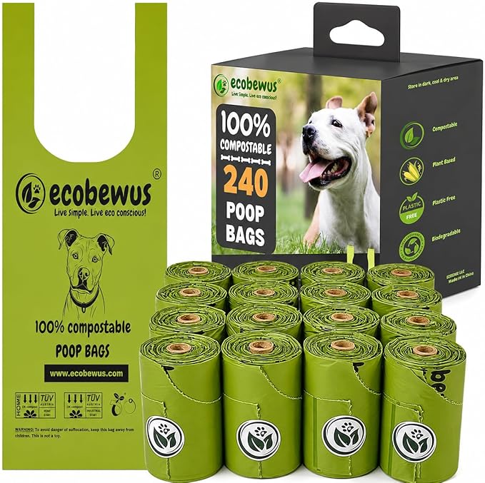 100% Compostable Handle-Tie Doggy Poop Bags (240 Bags) 16 Refill Rolls Plant-Based Cornstarch ASTM D6400 & EN 13432 Compliant HOME Certiified Compostabel Pet Dog Waste Bags (240 ct.)