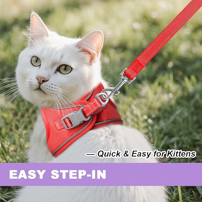 Cat Harness and Leash Set,Escape Proof Kitten Harness,Step in Adjustable Soft Lightweight,Easy Control,Reflective Strips Comfortable for Walking Travel(Red,S)