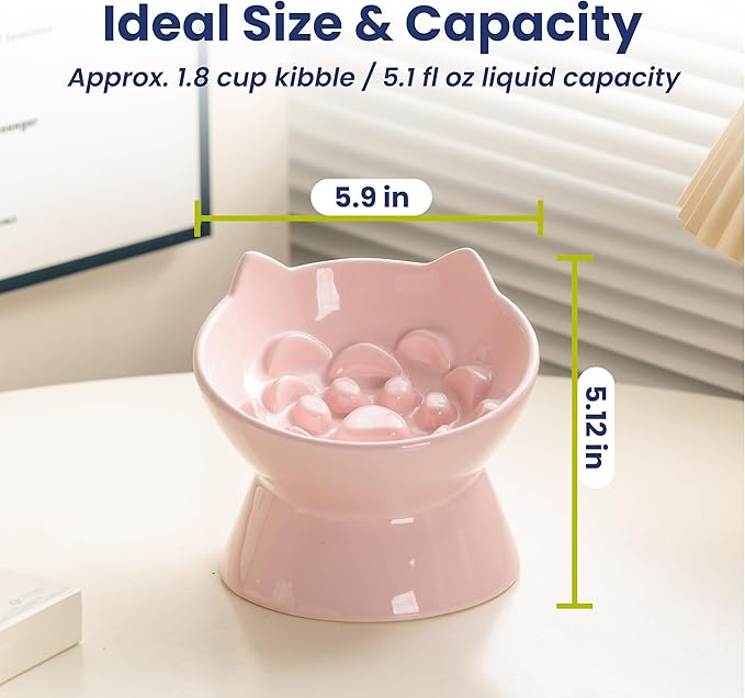 PawsPik Lynx Ceramic Raised Slow Feeder Dog & Cat Bowl, Tilted 15° Elevated Pet Food Bowl, Whisker-Friendly Anti-Choking Dish, Dishwasher Safe (Quartz Pink)
