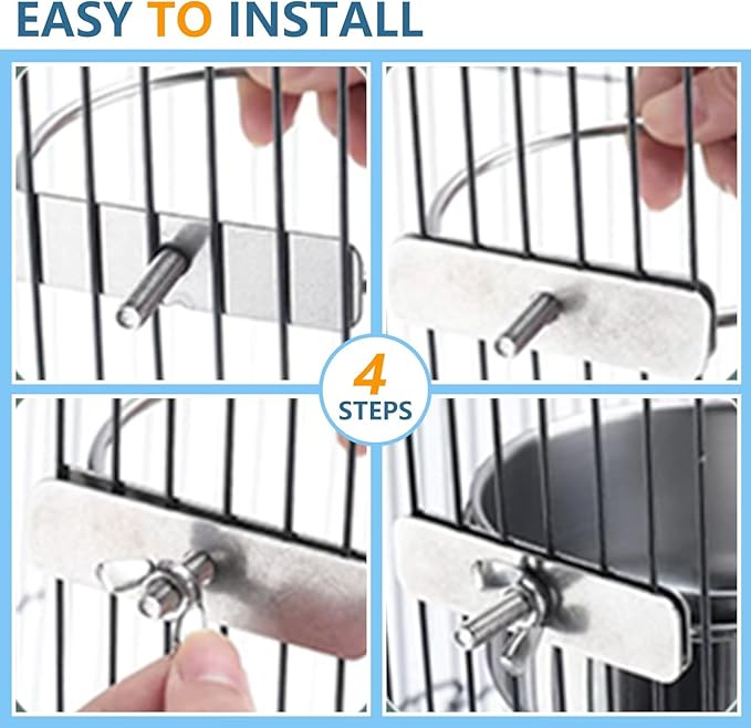 2Pcs Stainless Steel Bird Feeding Bowls, Small Bird Feeding Cup, Stainless Steel Parrot Food Bowl Cage with Holder, Parrot Cage Water Feeder, Pet Cage Cup Holder (Dia 3.93", 4.72",)