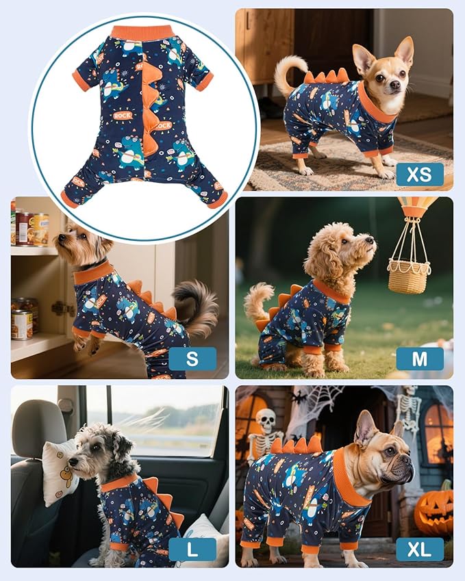 CuteBone Dinosaur Costume Dog Pajamas, Stretchy Spandex Crystal Velvet Sleepwear Coat for Small Dogs, Soft & Warm Pet Outfit Clothes for Cold Weather, Cozy Pullover Design COSP19XS