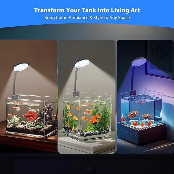 Mini Clip-On Aquarium Light 7W USB Dimmable Fish Tank Lamp with 3 Light Modes (White/RGB/Full Spectrum), 9-Level Brightness, 360° Adjustable Gooseneck for 1–3 Gallon Tanks