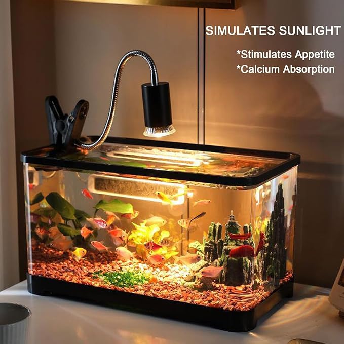 Reptile Heat Lamp UVA/UVB Light with Stepless Dimming, 360 Rotatable Gooseneck Clip-On Heating Lamp for Turtle Tank Bearded Dragon Snake Lizard Tortoise Hermit Crab Includes 25W and 50W Bulbs (Small)