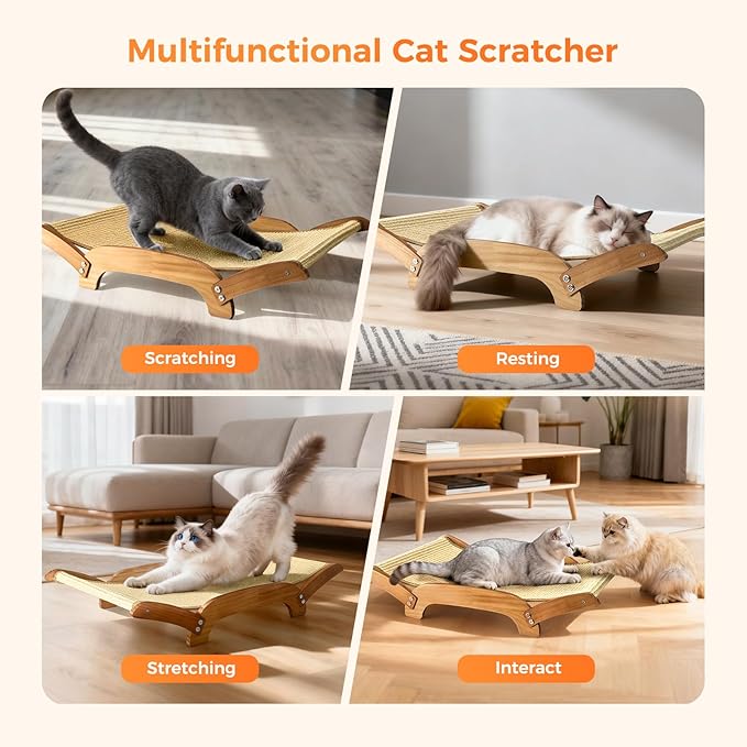 Extra-Larger 3-in-1 Sisal Cat Scratcher Bed, 26 Inch Scratch Pad for Large Cats, Natural Sisal with Sturdy Solid Wood Frame, Durable Cat Scratching Post for Cats Lounger & Sleep & Scratch