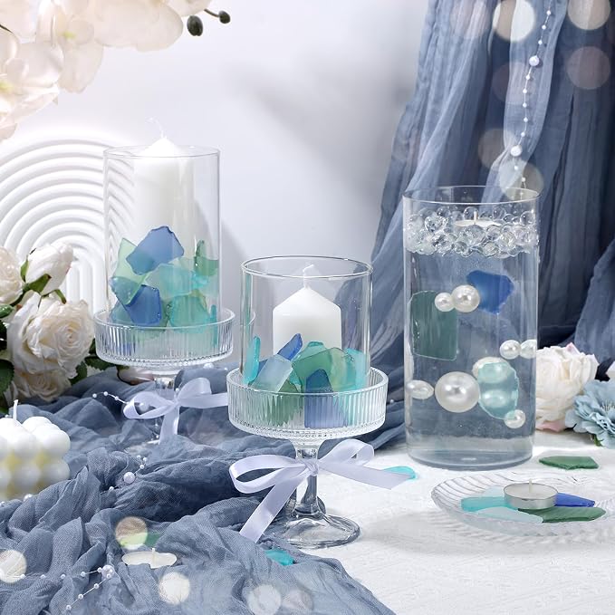 SUREAM Glass Pieces for Crafts, Multiple Color Sea Glass Beads for Aquarium Nautical Décor, Seaglass Art for Christmas Tree Decor(Blue+Green+White)