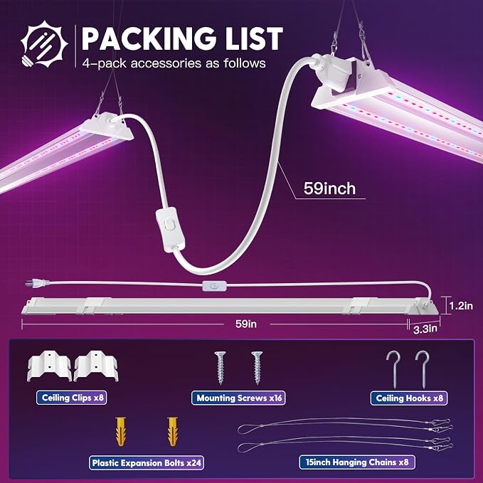 FREELICHT 4Pack 4FT Grow Light for Indoor Plants, 60W=350W, Red Blue | Linkable LED Grow Light, Sunlike Plant Lights for Hydroponic Seed Starting Veg & Indoor Gardeners, Plug in with On/Off Switch