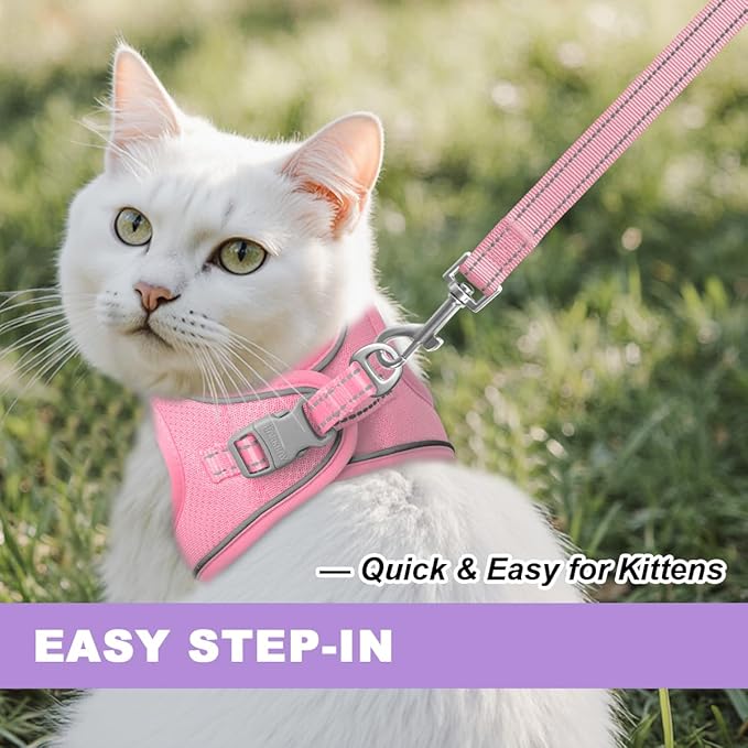 Cat Harness and Leash Set,Escape Proof Kitten Harness,Step in Adjustable Soft Lightweight,Easy Control,Reflective Strips Comfortable for Walking Travel(Baby Pink,S)