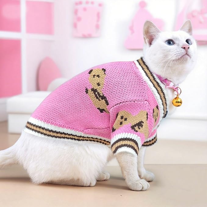 ABRRLO Small Dog Sweaters Cute Bear Dog Cardigans Clothes for Small Medium Dogs Boy Girl Puppy Cat Knitting Cardigan Outfits Dogs Winter Coats Warm Pet Doggy Clothes Soft Knitwear (Pink, X-Small)
