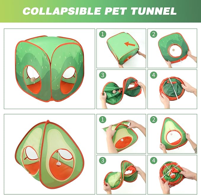 BWOGUE Bunny Tunnels & Tubes Collapsible Rabbit Hideout Tube and Foldable Cubes Playground Small Animal Activity Hideaway for Dwarf Rabbits Bunny Guinea Pigs Kitty (Avocado)