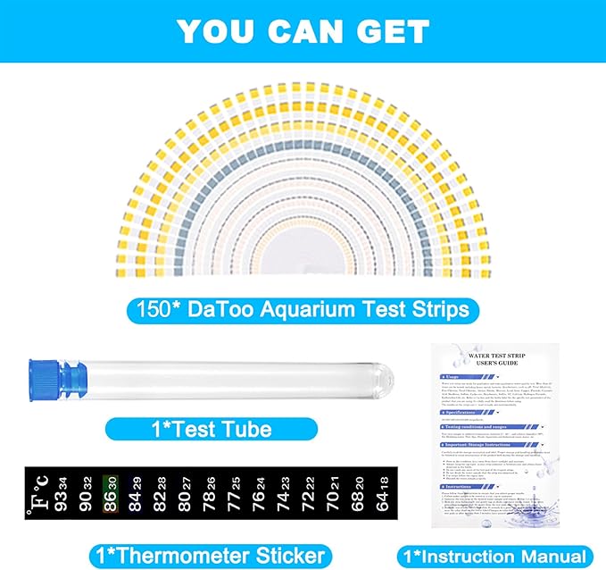 DaToo 8 in 1 Aquarium Test Kit Fish Tank Test Strips Accurate Water Quality Testing Strips for Ammonia PH Total Alkalinity Carbonate Hardness Free Chlorine Nitrate Nitrite Temperature (150 Strips)