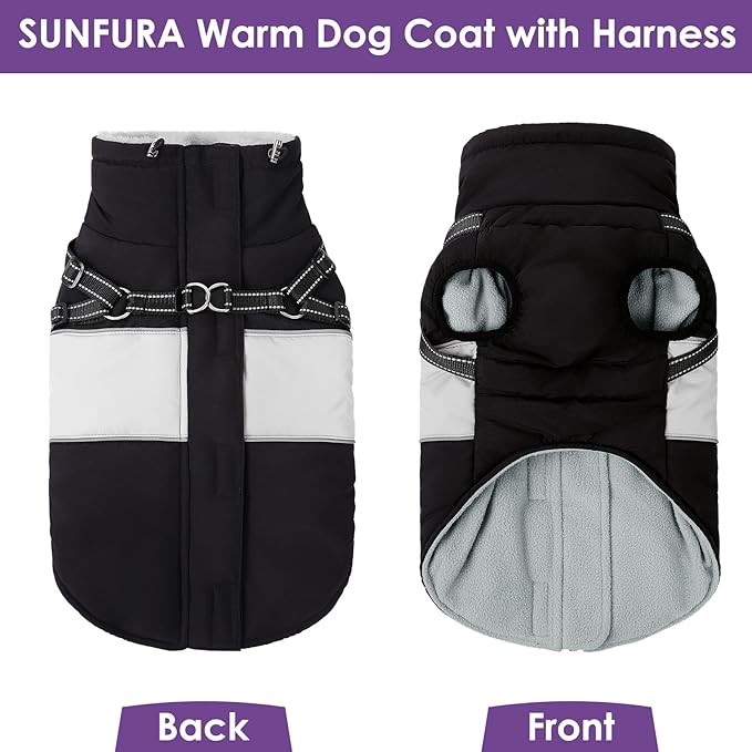 Dog Coat for Large Dogs, Warm Pet Jacket Winter with Harness Built in, Waterproof Pet Snow Jacket with Furry Collar, Reflective Fleece Snowsuit for Extra Large Dogs, Black XL