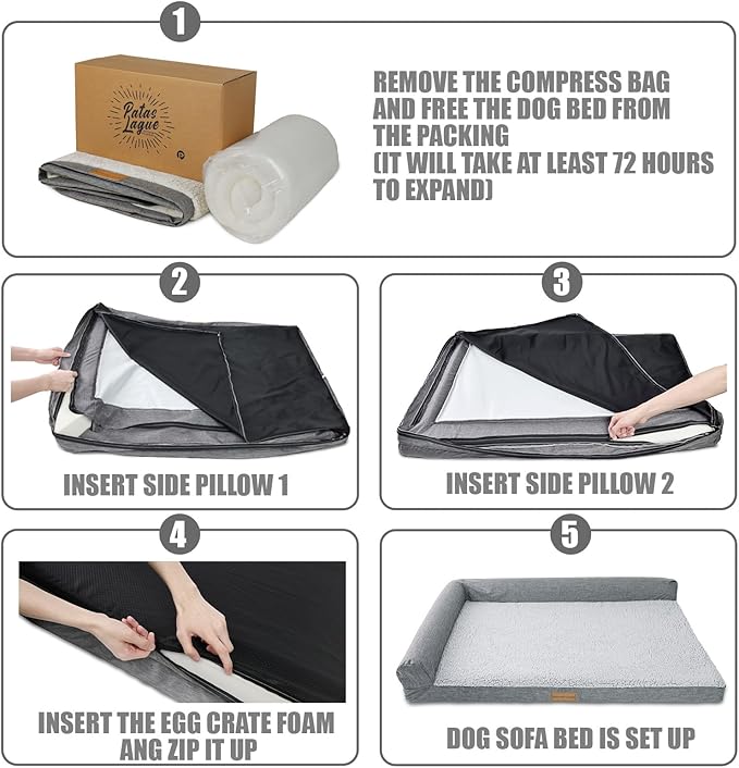 Patas Lague Orthopedic Dog Bed Medium Size Dog 30''X20'', Waterproof L Bolster Medium Pet Sofa Beds with Removable Washable Cover, Soft Comfortable Pet Couch Crate Mat with Nonskid Bottom, Brown