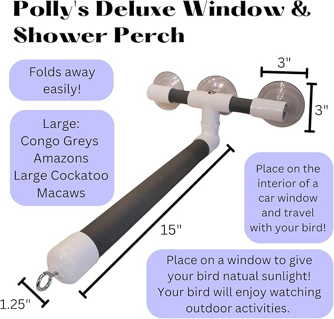 Polly's Portable Window-Shower Perch with Suction Cups for Cockatiels, Macaws, African Greys (Deluxe, Large)