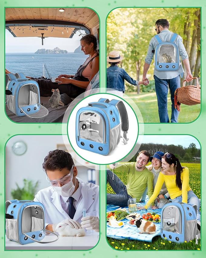 DBNESS Guinea Pig Carrier Backpack, Portable Rabbit Travel Carring Bag for Pet Bunny Chinchilla Bearded Dragon Hamster Parrot Outgoing Pouch Case with Water Bottle Holder & Detachable Pad (Sky Blue)