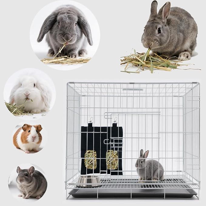 Rabbit Hay Feeder Bag Hanging Guinea Pig Hay Feeder with 2 Holes for Chinchilla Hamster Bunny Small Animal Pet Storage Pouch Black