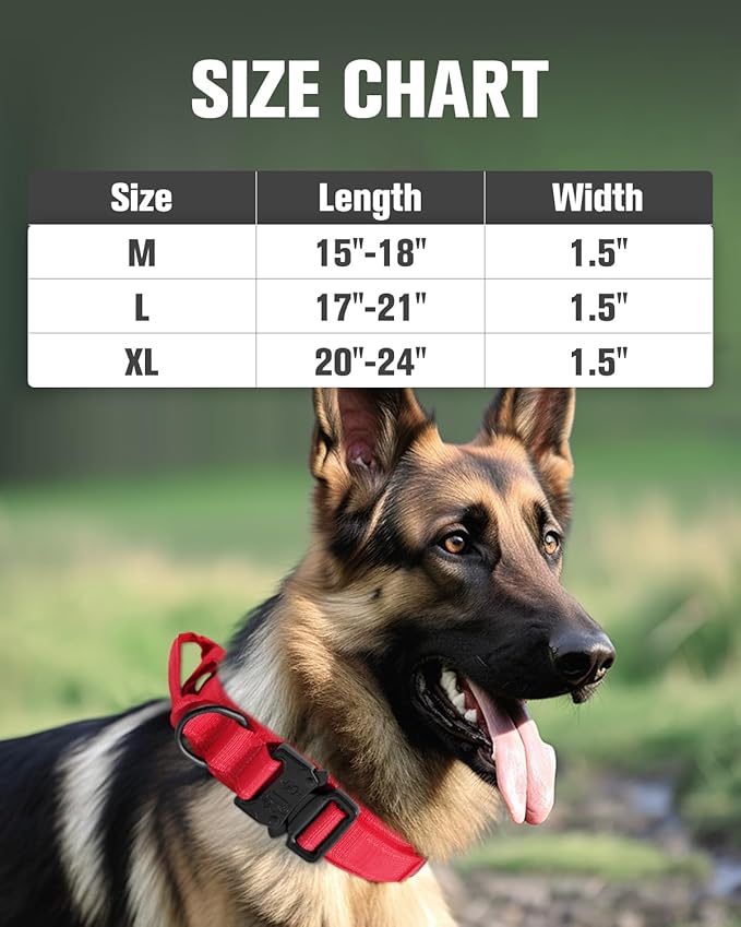 Joytale Tactical Dog Collar with Handle and Metal Buckle, Heavy Duty Padded Military Collar with 2 Patches for Training, Adjustable for XLarge Dogs, Red, XL