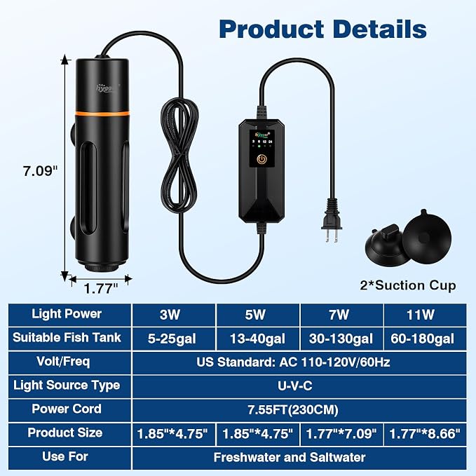 hygger 7W Aquarium U-V Light with Timer, 360° Protective Shield Clean Lamp for Green Water & Algae, Amphibian Small U-V Light for 30-130 Gal Freshwater & Saltwater Fish Tanks