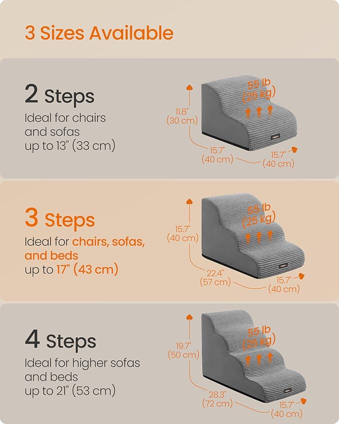 Feandrea 3-Step Dog Stairs, Dog Steps for Bed, Sofa, Waterproof Pet Stairs with Anti-Slip Designs, Gentle Slope, Removable Washable Cover, Handle, Dove Gray UPPS003G01