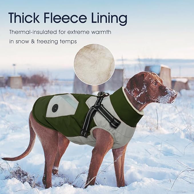 IECOii Zip Up Dog Coat for Large Dogs - Waterproof Winter Fleece Jacket in Green, XLarge - Suitable for Border Collie, Pitbull