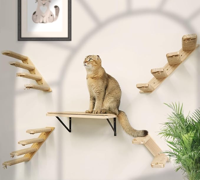 2PCS Cat Wall Shelves with Scratching Mat, 16.6x9.7 Inch Solid Pine Wood Wall Mounted Kitten Floating Shelf, Window Perch Hammock, Cats Wall Furniture for Cats Sleeping, Playing, Climbing