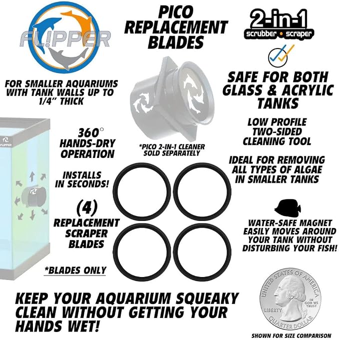 Flipper Pico 2 in 1 Magnetic Scrubber Scraper Aquarium Fish Tank Cleaner Replacement Blades - 4 Pack