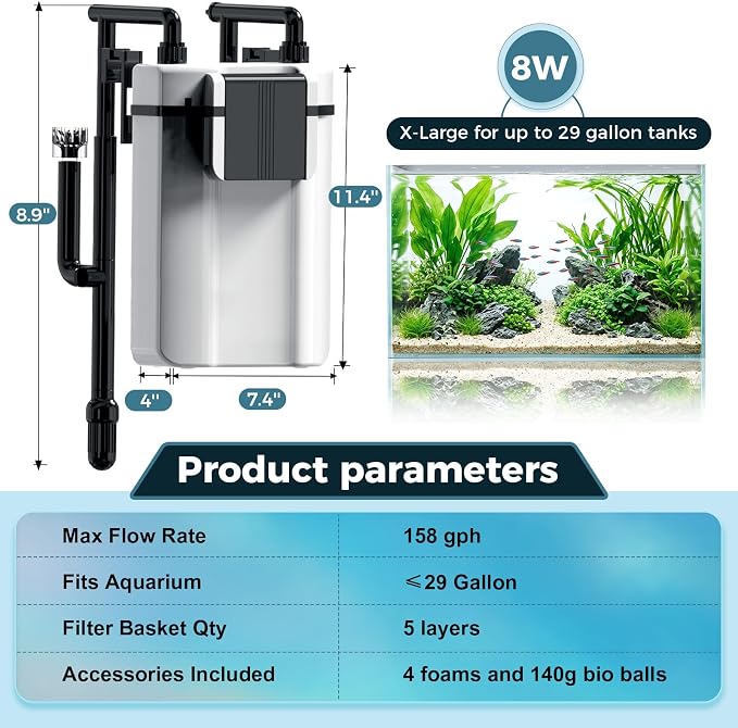 hygger Hang On Back Aquarium Canister Filter, Adjustable Flow Quiet Fish Tank Filter with Oil Skimmer,3 Outlet Nozzles,Filter Sponges & Ceramic Balls(8W,≤29 Gallon)