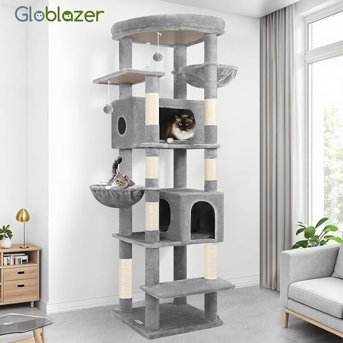 Globlazer Heavy Duty Cat Tree, 74in Sturdy Cat Tower for Large Cats Adult, Big Cat Tree with 7 Sisal Scratching Posts, 2 Padded Condos, 2 Dual-Ear Hanging Baskets, Enlarged Top Perch, S74, Light Grey