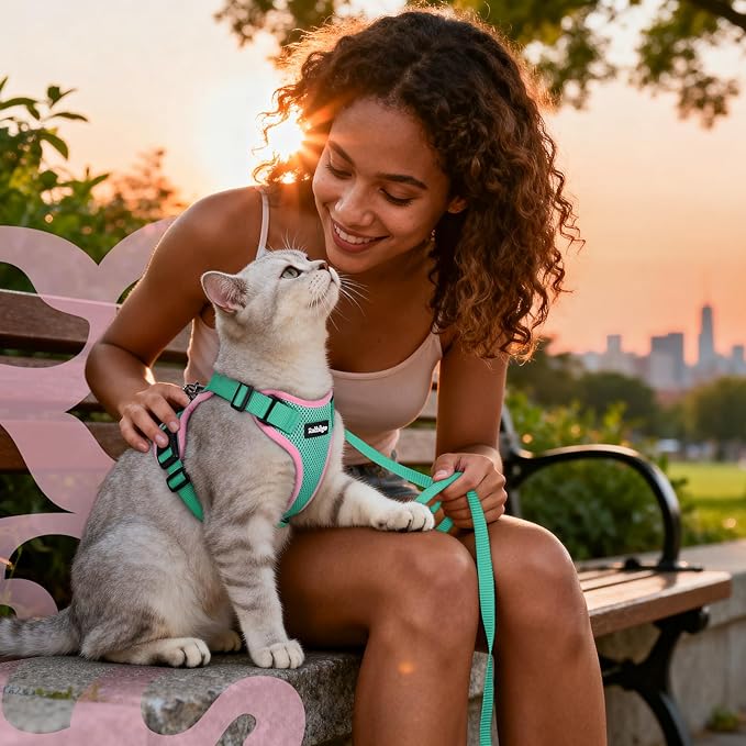 rabbitgoo Cat Harness and Leash for Walking, Escape Proof Soft Adjustable Vest Harnesses for Cats, Easy Control Breathable Reflective Strips Jacket, Green&Pink, XXS