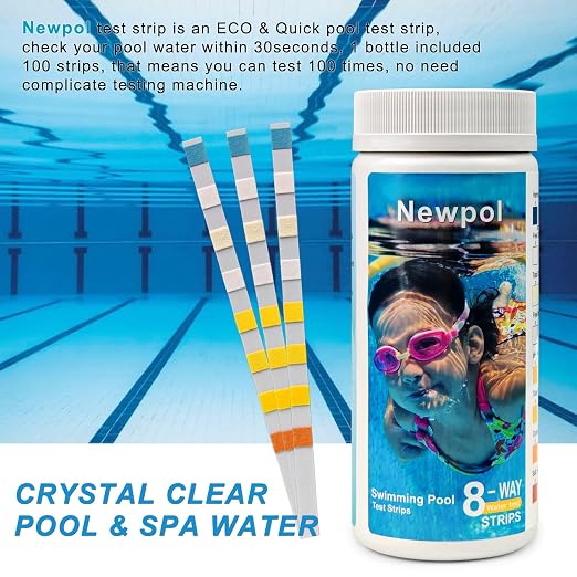 Newpol 8-in-1 Pool Test Strips, 100 Strips Water Testing for Swimming Pool, Hot Tub and SPA