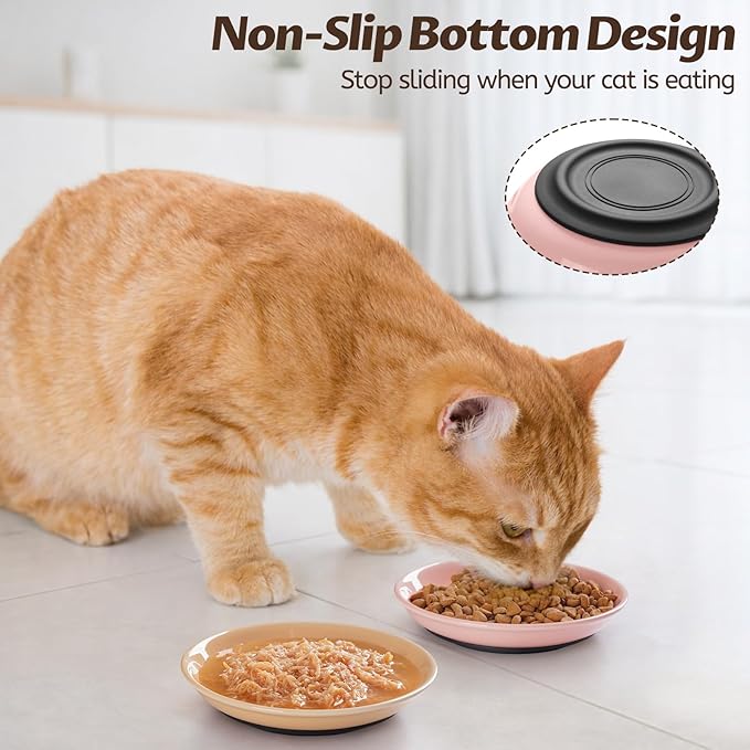 WROSWT Colorful Cat Food Bowl,Non-Slip Silicone Bottom Cat Bowls for Indoor Cats,Anti Whisker Fatigue Cats Dishes Set,Shallow Wide Kitten Plates for Food and Water,4 Pack