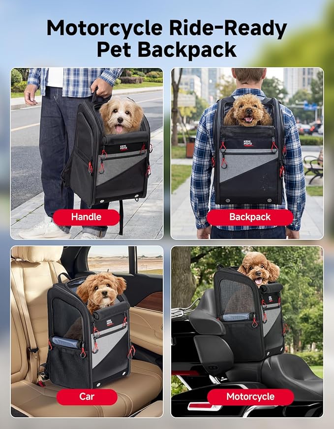 KEMIMOTO Motorcycle Dog Carrier Backpack for Small Dog & Cat Under 17 lbs, Anti-Escape Safety Clip, Padded Shoulder Straps Pet Carrier for Street Glide with Passenger Seat Touring Trike Models Can Ams