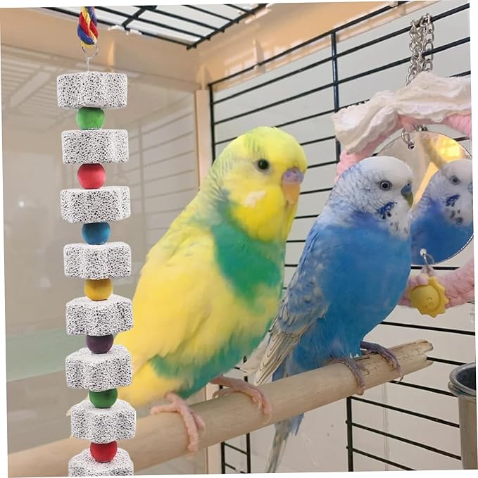 2PCS Bird Beak Grinding Stone, 13.8" Mineral Block for Birds with Bell, Hanging Parrot Chewing Toys for Cage Budgies Cockatiel Hamster Chinchilla