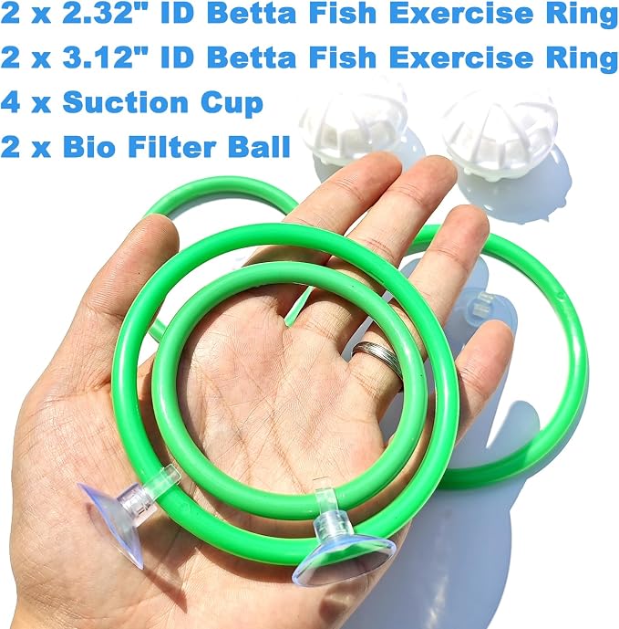 Betta Fish Toys - 4 Training Rings & 2 Bio Filter Balls, Beta Exercise Loop Toys and Nitrifying Balls Set, Betta Fish Tank Accessories Feeding Ring for Small Tank Decor Aquarium Water Conditioner