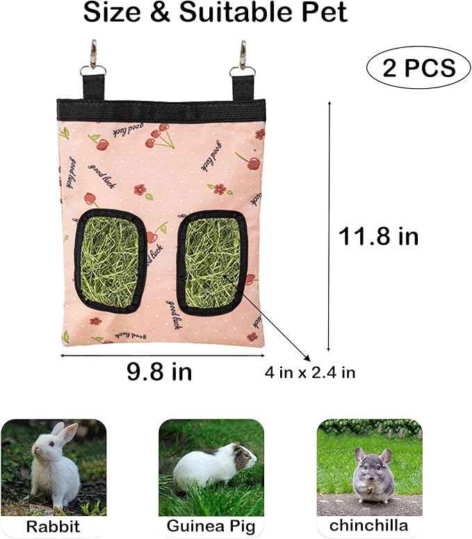 Rabbit Hay Feeder Bag, Large Capacity Rabbit Hay Bag Small Animal Hanging Hay Bag 600D Oxford Cloth Bunny Hay Feeder Bag for Rabbits Guinea Pigs Chinchillas (Pink-2 Holes-2Pcs)