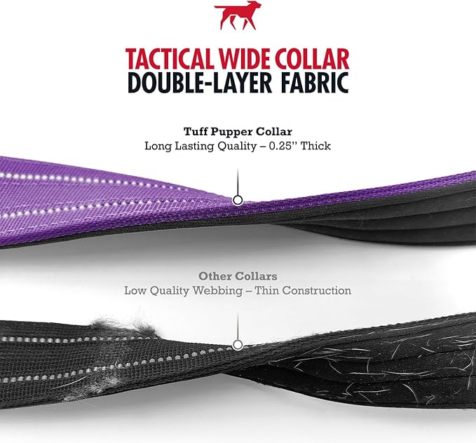 Tuff Pupper Tactical Dog Collar | Heavy Duty 1.5" Wide Ballistic Nylon | Training Control Handle | Quick-Release Metal Buckle | Reflective Bands | ID Tag Holder | Padded Inner Lining (Purple, Medium)