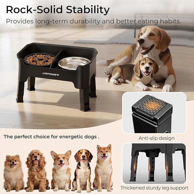 URPOWER Mess Proof Elevated Dog Bowls, High Wall Splash Guard Design, 4 Height Adjustable Raised Bowl Stand with Stainless Steel Bowl & Slow Feeder Bowl, Non-Slip Food Water Set for Small, Medium Dogs