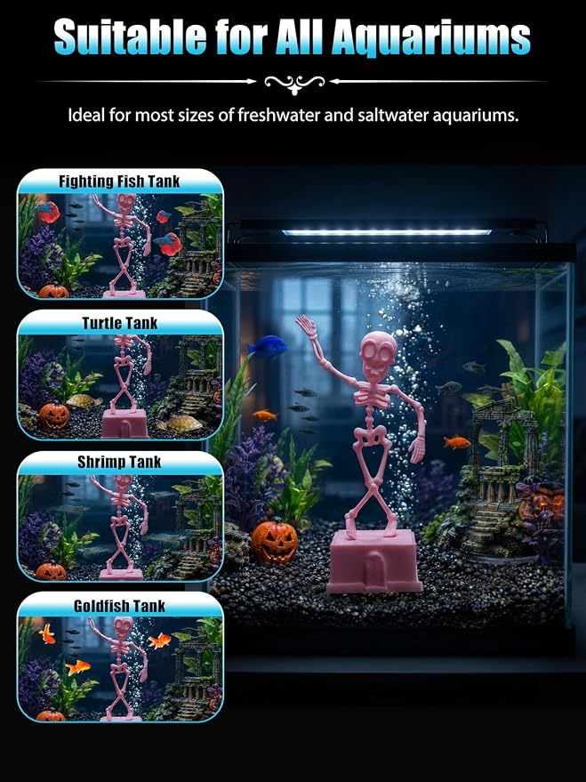 Dancing Skeleton Aquarium Bubbler, Halloween Fish Tank Decor(Pink) | Adjustable airflow with 1m hose & valve. Safe resin, for freshwater/saltwater tanks. Air pump not included.
