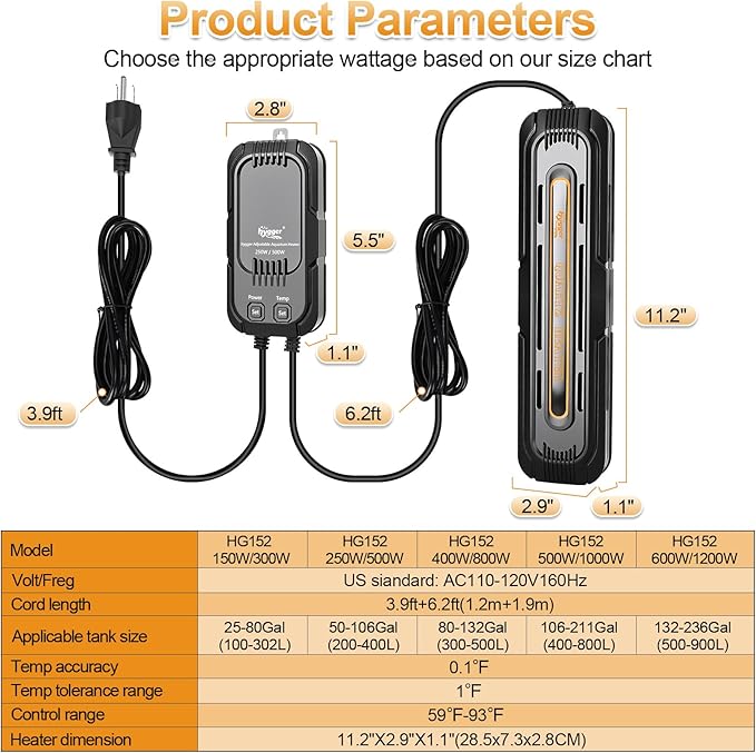 hygger Aquarium Heater, 500W/1000W Adjustable Power Fish Tank Heater with Digital Display External Controller, Automatic Power-Off Protection Heater for 106-211 Gallons Freshwater and Saltwater Tank