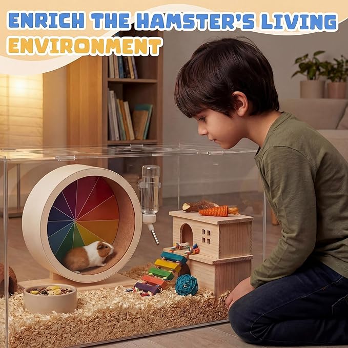 Geelin 9 Inch Hamster Wooden Silent Wheel, Rainbow Printed Small Animal Exercise Wheel, Quiet Spinner Hamster Running Wheels Prevent Depression Toys for Hamsters, Gerbils, Mice and Other Small Pets