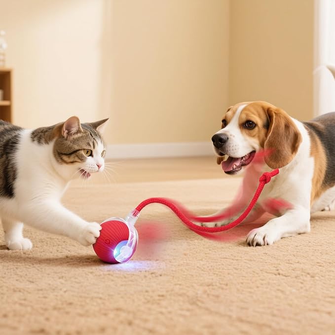 Smart Interactive Automatic Electric Rolling Moving Rechargeable Motion Activated Self Solo Play Electronic Stimulation Chase Teaser Ball Toy with Rope for Indoor Bored Adult Cat and Dog, Blue