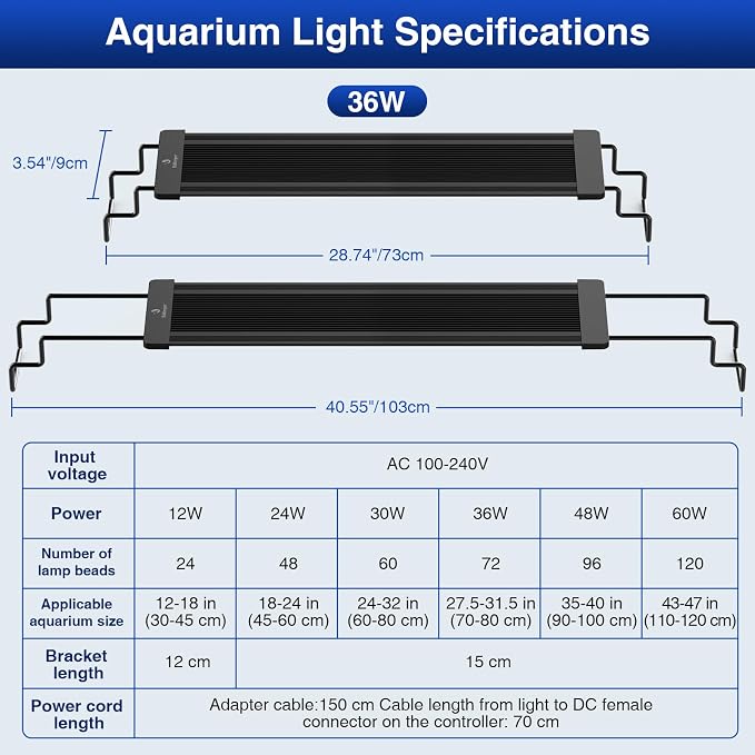 fishkeeper Aquarium Light, LED Fish Tank Lights with Auto Time Sync & 24/7 | IP68 Waterproof Extendable Bracket DIY Full Sprctrum Aquarium Plant Lights with Timer/Dimming, Memory Function for 32-40inch