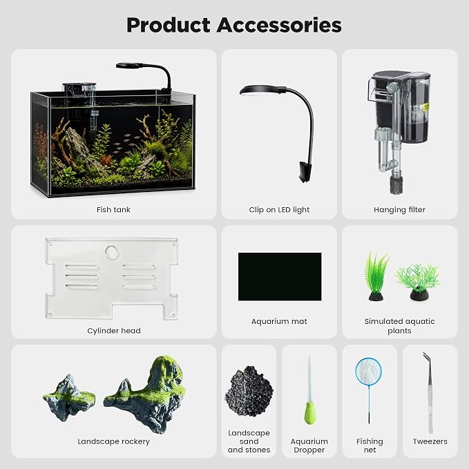 2 Gallon Small Fish Tank Starter Kit with Light, Filter and Mountain Decor | Desktop Betta and Shrimp Habitat with Lid, Gravel, Plants and Aquascaping Tools for Beginners
