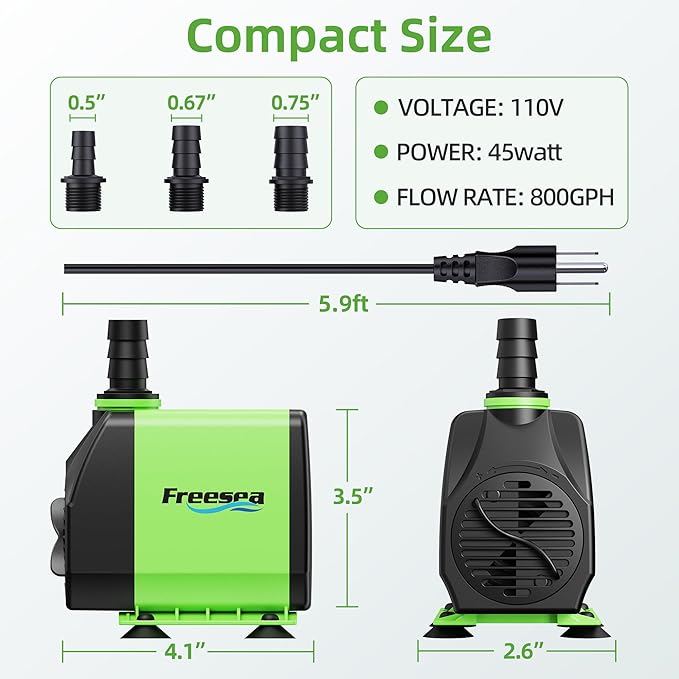 FREESEA 800GPH Small Pond Pump: Circulate 500-1200 Gallon Pond in 1-2 Hours | 24/7 Reliable Operation for Crystal Clear Water & Healthy Koi - 45W Quiet Motor with Adjustable Flow