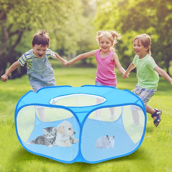Small Animal Playpens with Top Cover, Foldable Breathable Small Pets Cage Tent Outdoor Indoor Portable Play Pen for Guinea Pig Hedgehog Hamster Cat Rabbit Bunny Puppy Ferret Rat Chicks (Blue)