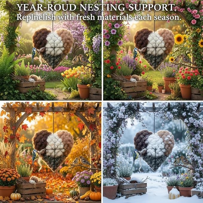 Handmade Alpaca Fiber Bird Nesting Heart, Birds Nests Material Holder, Winter Tree Shelter for Wild Bird
