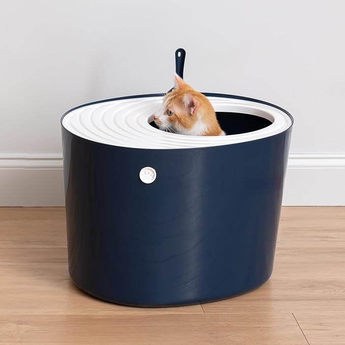 IRIS USA Cat Litter Box Large Top Entry with Lid Enclosed Covered Hooded Design Litter Catching Scatter Shield Pan Dog Proof Pet Proof Scoop Included Odor Control for Indoor Cats Kittens, Navy/White