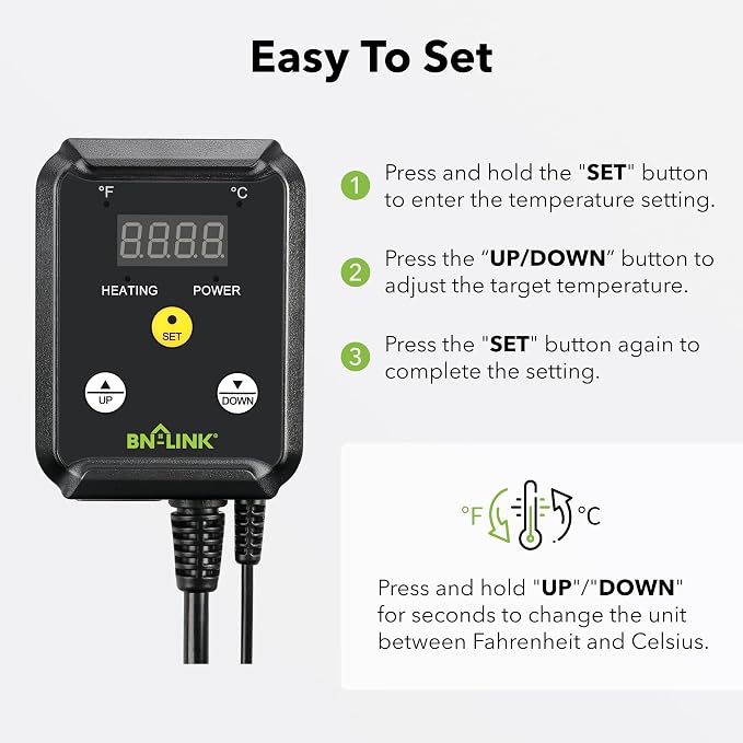BN-LINK Reptile Thermostat Temperature Controller, Digital Heat Mat Thermostat for Seed Starting, Plant Germination, Greenhouse, Incubator, Brooder, Brewing, Reptiles Tank,40-108°F, 1000W, ETL Listed