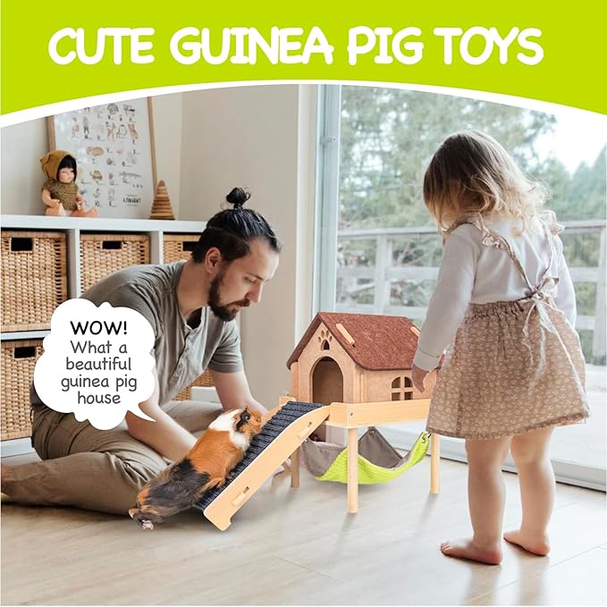 BESNEW 3 in 1 Enlarged Guinea Pig Hammock,Wooden Guinea Pig Hideout with House & Platform & Stairs Small Animal Toys for Hiding Sleeping Activities